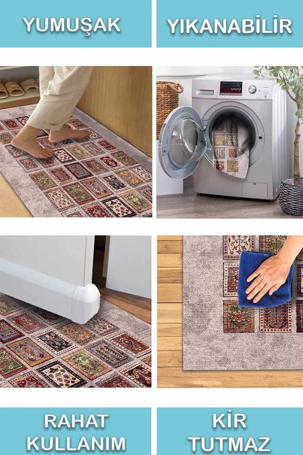 Puzzle Eskitme Desenli Pamuk Tabanlı Yıkanabilen Kaydırmaz Antibakteriyel Şönil Salon Halısı