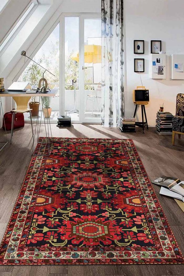 Rebecca Eskitme Desenli Pamuk Tabanlı Yıkanabilen Kaydırmaz Antibakteriyel Şönil Salon Halısı