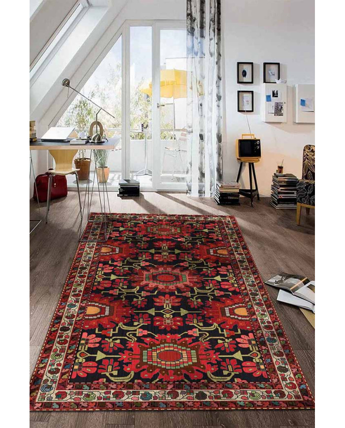 Rebecca Eskitme Desenli Pamuk Tabanlı Yıkanabilen Kaydırmaz Antibakteriyel Şönil Salon Halısı