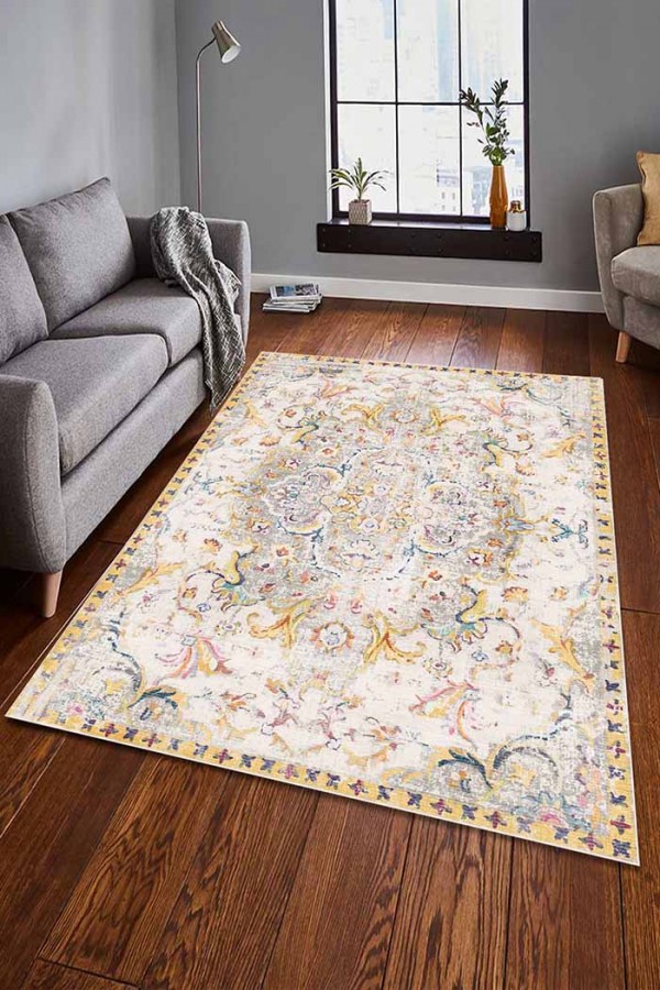 Renne Desenli Pamuk Tabanlı Yıkanabilen Kaydırmaz Antibakteriyel Şönil Salon Halısı