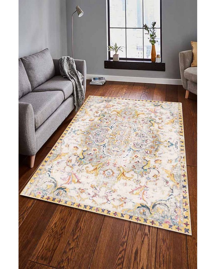 Renne Desenli Pamuk Tabanlı Yıkanabilen Kaydırmaz Antibakteriyel Şönil Salon Halısı