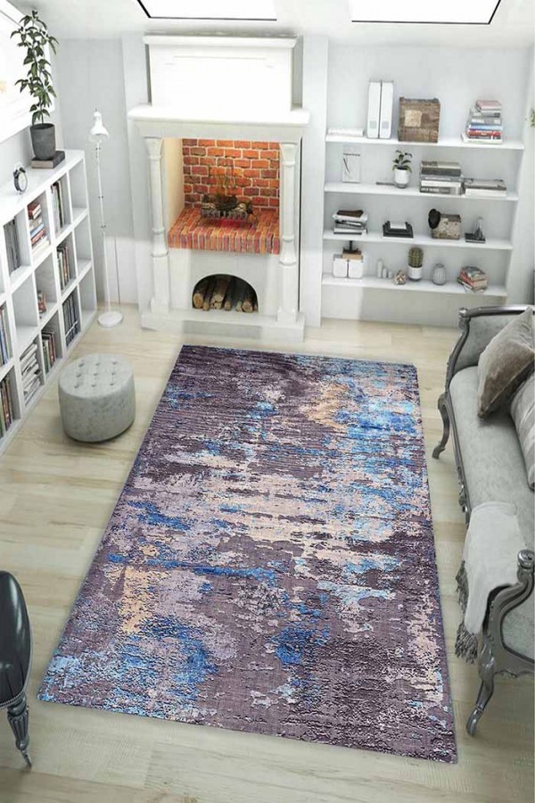 Rhodes Desenli Pamuk Tabanlı Yıkanabilen Kaydırmaz Antibakteriyel Şönil Salon Halısı