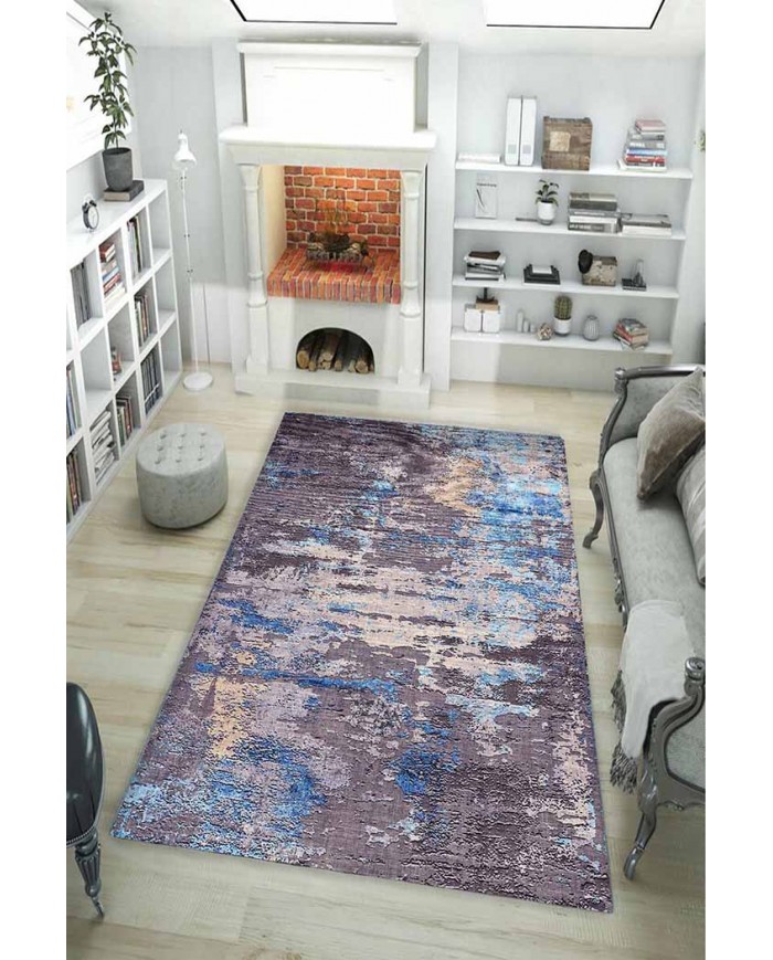 Rhodes Desenli Pamuk Tabanlı Yıkanabilen Kaydırmaz Antibakteriyel Şönil Salon Halısı