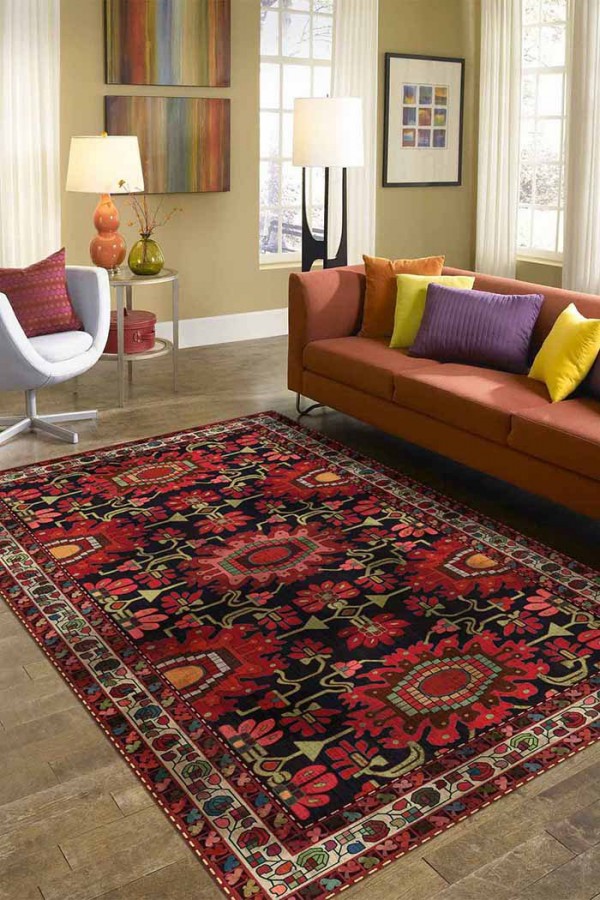 Rebecca Eskitme Desenli Pamuk Tabanlı Yıkanabilen Kaydırmaz Antibakteriyel Şönil Salon Halısı