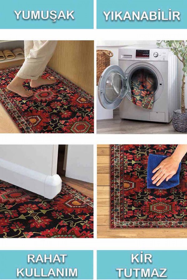 Rebecca Eskitme Desenli Pamuk Tabanlı Yıkanabilen Kaydırmaz Antibakteriyel Şönil Salon Halısı