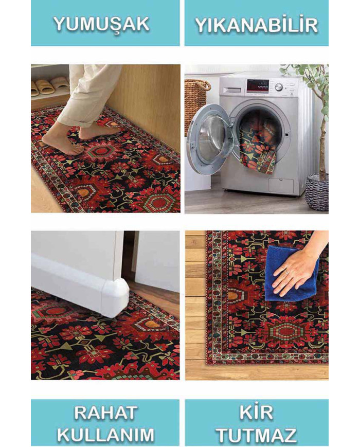 Rebecca Eskitme Desenli Pamuk Tabanlı Yıkanabilen Kaydırmaz Antibakteriyel Şönil Salon Halısı
