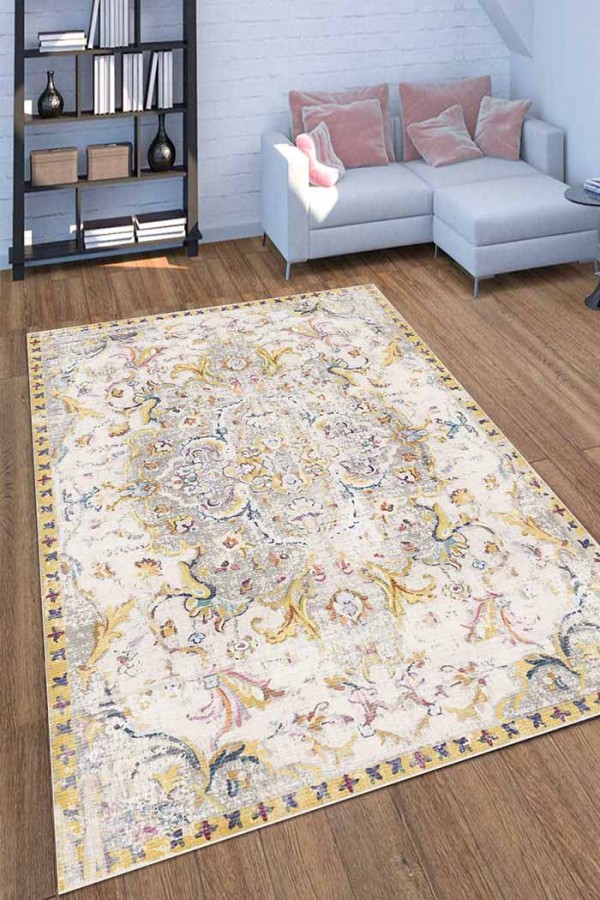 Renne Desenli Pamuk Tabanlı Yıkanabilen Kaydırmaz Antibakteriyel Şönil Salon Halısı