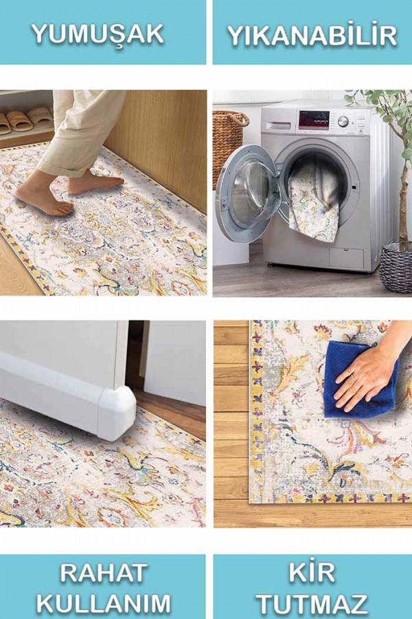 Renne Desenli Pamuk Tabanlı Yıkanabilen Kaydırmaz Antibakteriyel Şönil Salon Halısı