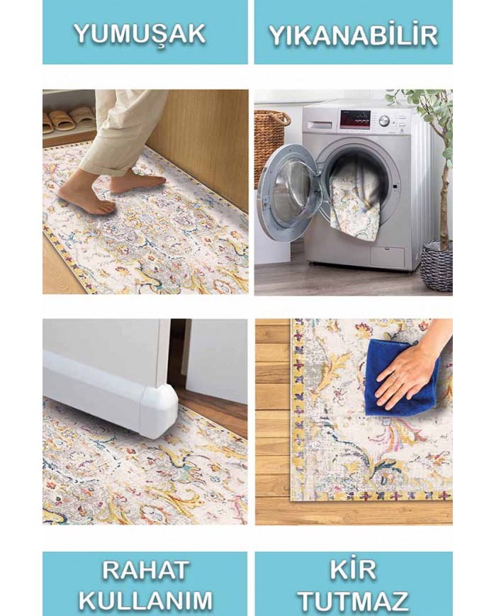Renne Desenli Pamuk Tabanlı Yıkanabilen Kaydırmaz Antibakteriyel Şönil Salon Halısı