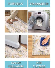 Renne Desenli Pamuk Tabanlı Yıkanabilen Kaydırmaz Antibakteriyel Şönil Salon Halısı