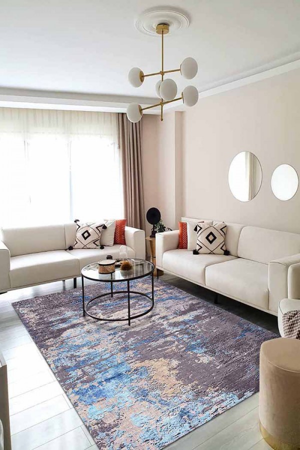 Rhodes Desenli Pamuk Tabanlı Yıkanabilen Kaydırmaz Antibakteriyel Şönil Salon Halısı