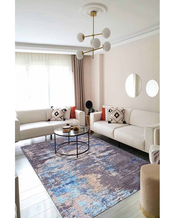 Rhodes Desenli Pamuk Tabanlı Yıkanabilen Kaydırmaz Antibakteriyel Şönil Salon Halısı