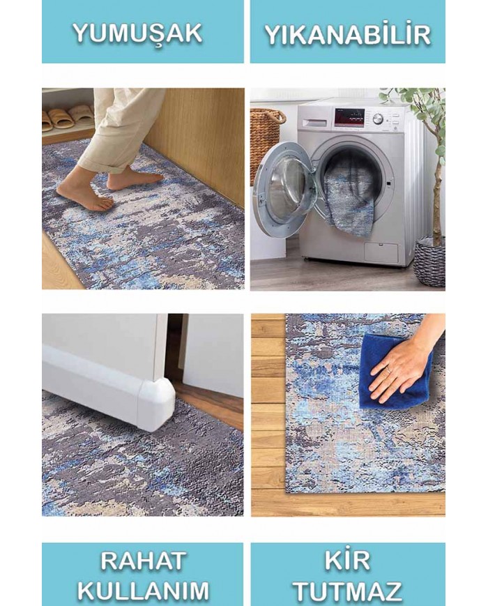 Rhodes Desenli Pamuk Tabanlı Yıkanabilen Kaydırmaz Antibakteriyel Şönil Salon Halısı