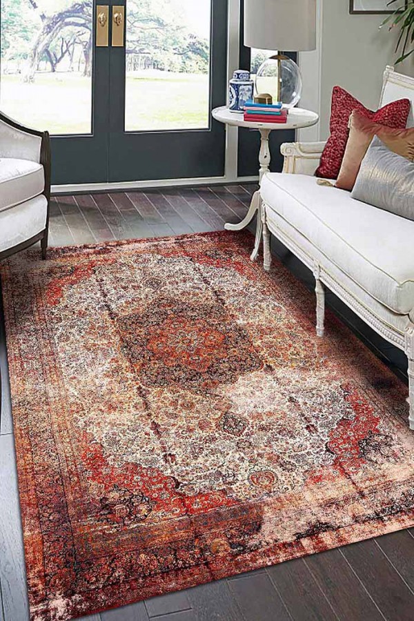 Root Eskitme Desenli Pamuk Tabanlı Yıkanabilen Kaydırmaz Antibakteriyel Şönil Salon Halısı