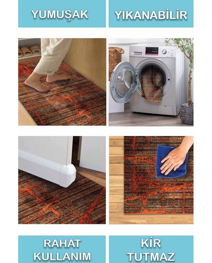 Riley Desenli Pamuk Tabanlı Yıkanabilen Kaydırmaz Antibakteriyel Şönil Salon Halısı