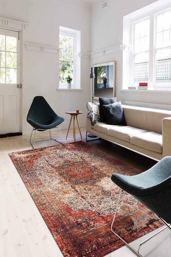 Root Eskitme Desenli Pamuk Tabanlı Yıkanabilen Kaydırmaz Antibakteriyel Şönil Salon Halısı