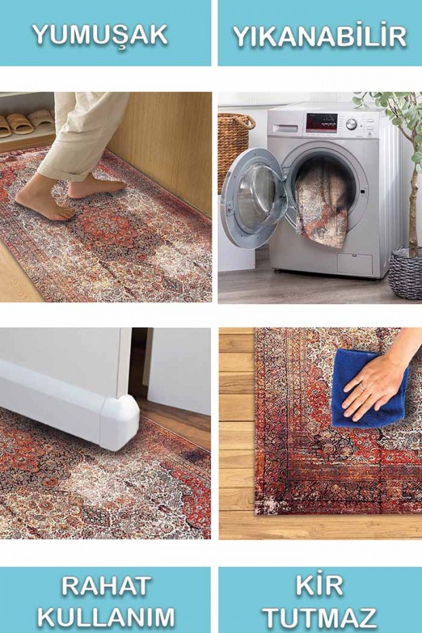 Root Eskitme Desenli Pamuk Tabanlı Yıkanabilen Kaydırmaz Antibakteriyel Şönil Salon Halısı