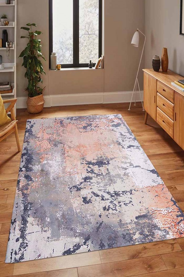 Salmone Desenli Pamuk Tabanlı Yıkanabilen Kaydırmaz Antibakteriyel Şönil Salon Halısı