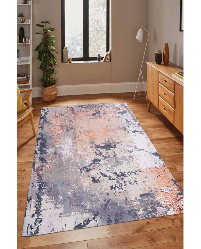 Salmone Desenli Pamuk Tabanlı Yıkanabilen Kaydırmaz Antibakteriyel Şönil Salon Halısı