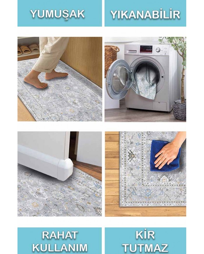 Saint Elit Desenli Pamuk Tabanlı Yıkanabilen Kaydırmaz Antibakteriyel Şönil Salon Halısı