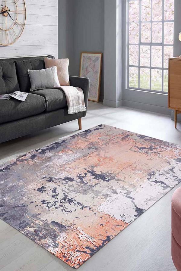 Salmone Desenli Pamuk Tabanlı Yıkanabilen Kaydırmaz Antibakteriyel Şönil Salon Halısı