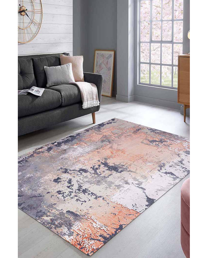 Salmone Desenli Pamuk Tabanlı Yıkanabilen Kaydırmaz Antibakteriyel Şönil Salon Halısı