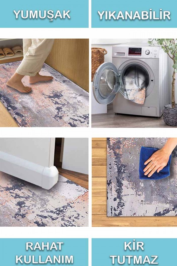 Salmone Desenli Pamuk Tabanlı Yıkanabilen Kaydırmaz Antibakteriyel Şönil Salon Halısı