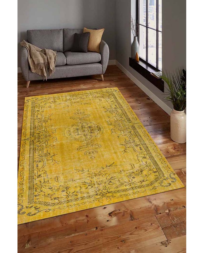 Sanepe Eskitme Desenli Pamuk Tabanlı Yıkanabilen Kaydırmaz Antibakteriyel Şönil Salon Halısı