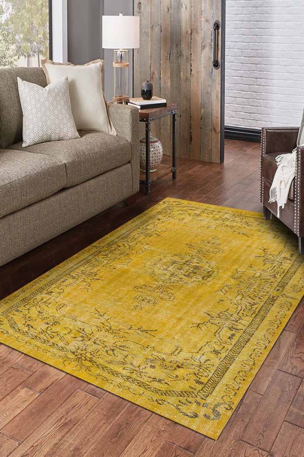 Sanepe Eskitme Desenli Pamuk Tabanlı Yıkanabilen Kaydırmaz Antibakteriyel Şönil Salon Halısı