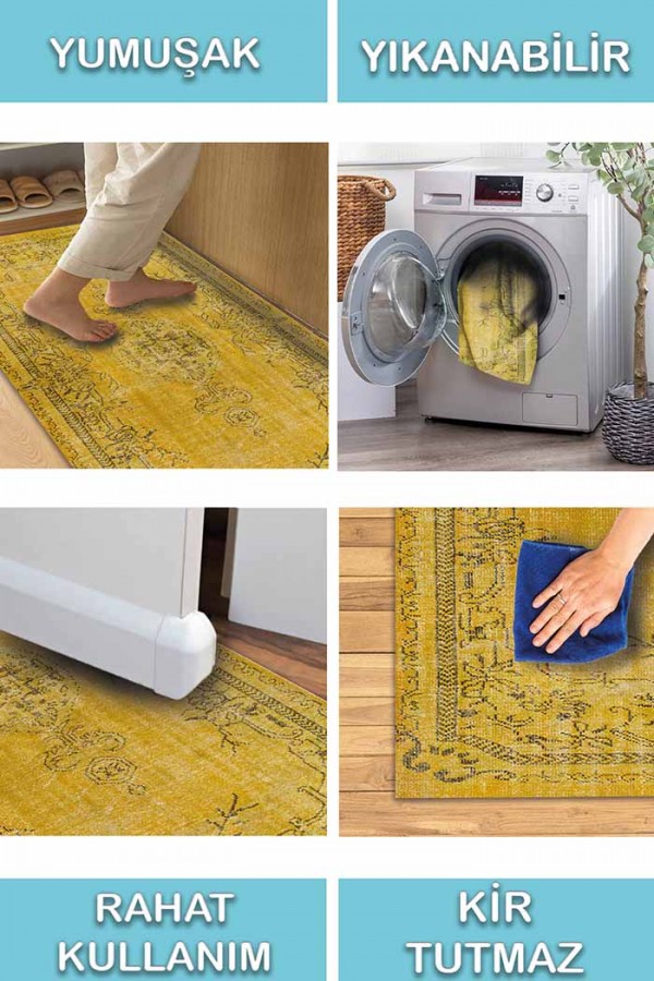 Sanepe Eskitme Desenli Pamuk Tabanlı Yıkanabilen Kaydırmaz Antibakteriyel Şönil Salon Halısı