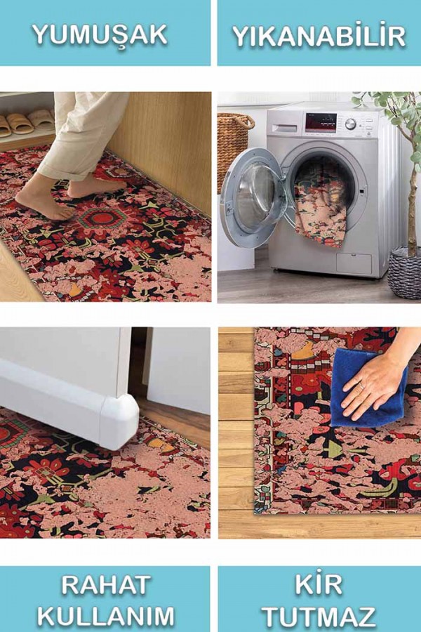 Serena Eskitme Desenli Pamuk Tabanlı Yıkanabilen Kaydırmaz Antibakteriyel Şönil Salon Halısı