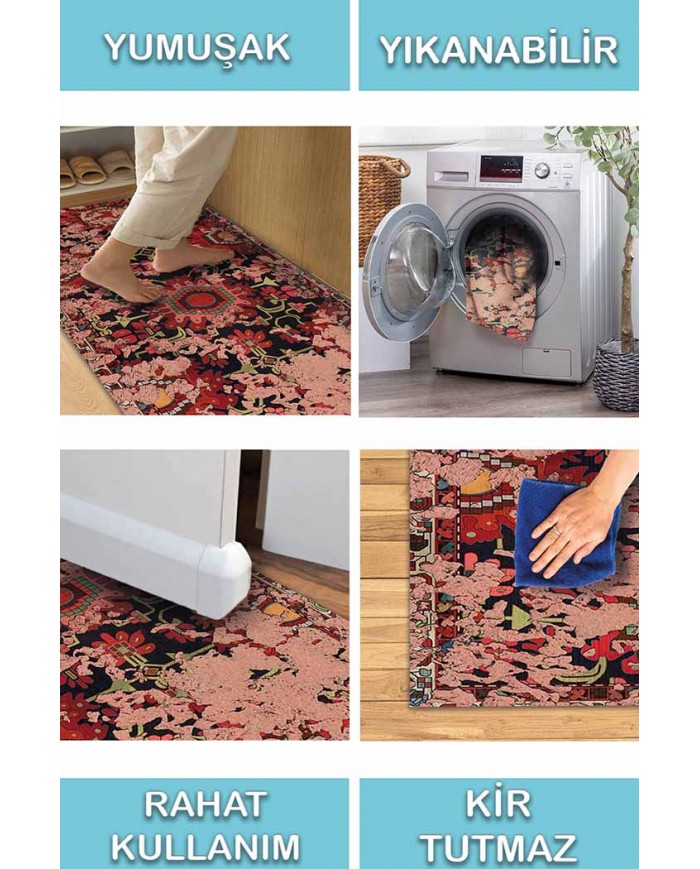Serena Eskitme Desenli Pamuk Tabanlı Yıkanabilen Kaydırmaz Antibakteriyel Şönil Salon Halısı