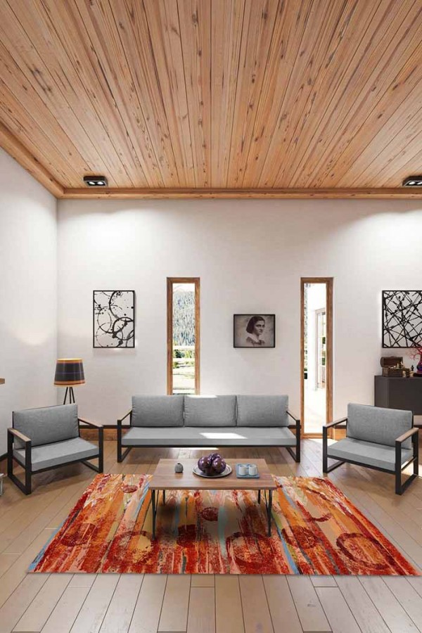 Takvor Desenli Pamuk Tabanlı Yıkanabilen Kaydırmaz Antibakteriyel Şönil Salon Halısı