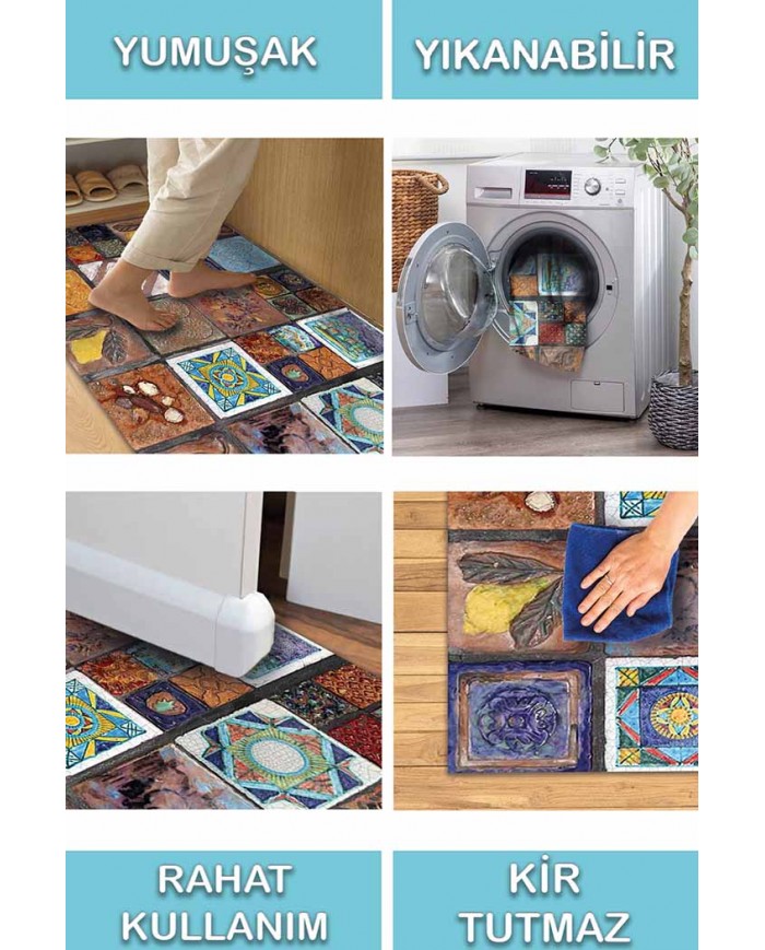 Superlonga Desenli Pamuk Tabanlı Yıkanabilen Kaydırmaz Antibakteriyel Şönil Salon Halısı