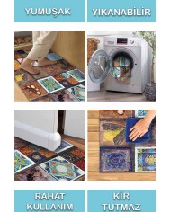 Superlonga Desenli Pamuk Tabanlı Yıkanabilen Kaydırmaz Antibakteriyel Şönil Salon Halısı