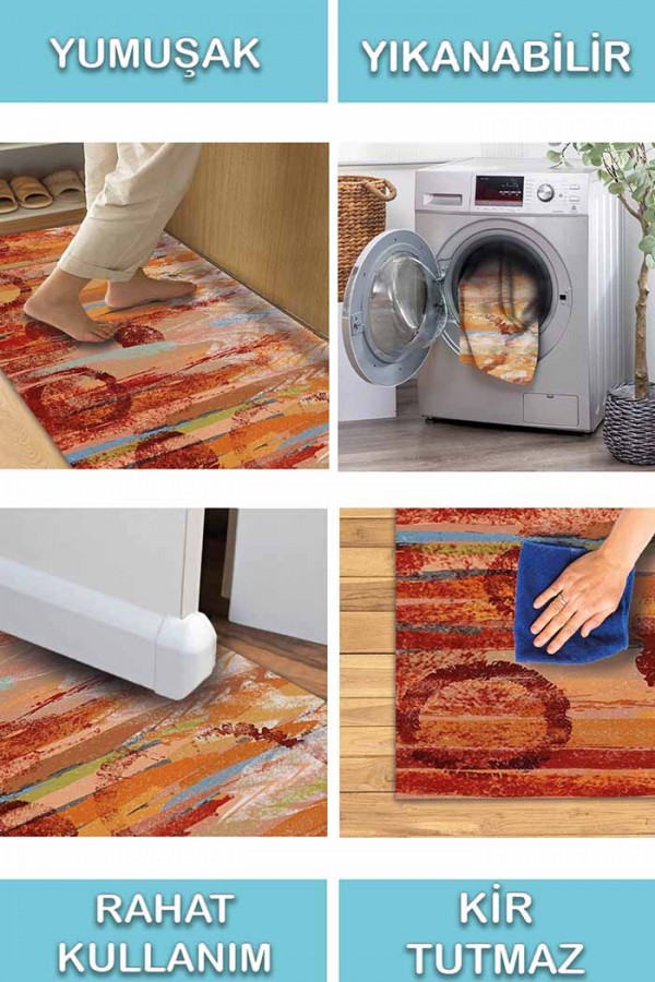 Takvor Desenli Pamuk Tabanlı Yıkanabilen Kaydırmaz Antibakteriyel Şönil Salon Halısı