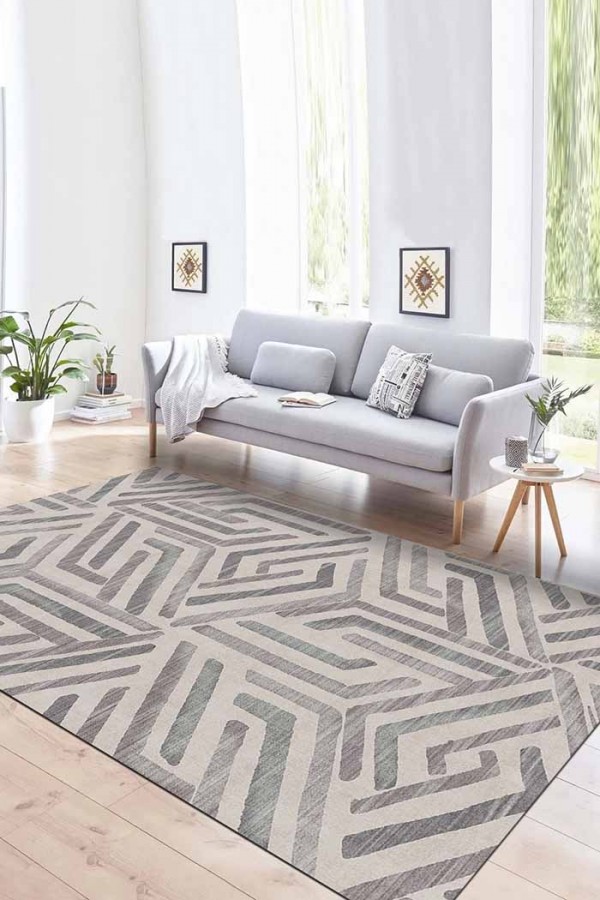 Tampere Geometrik Desenli Pamuk Tabanlı Yıkanabilen Kaydırmaz Antibakteriyel Şönil Salon Halısı