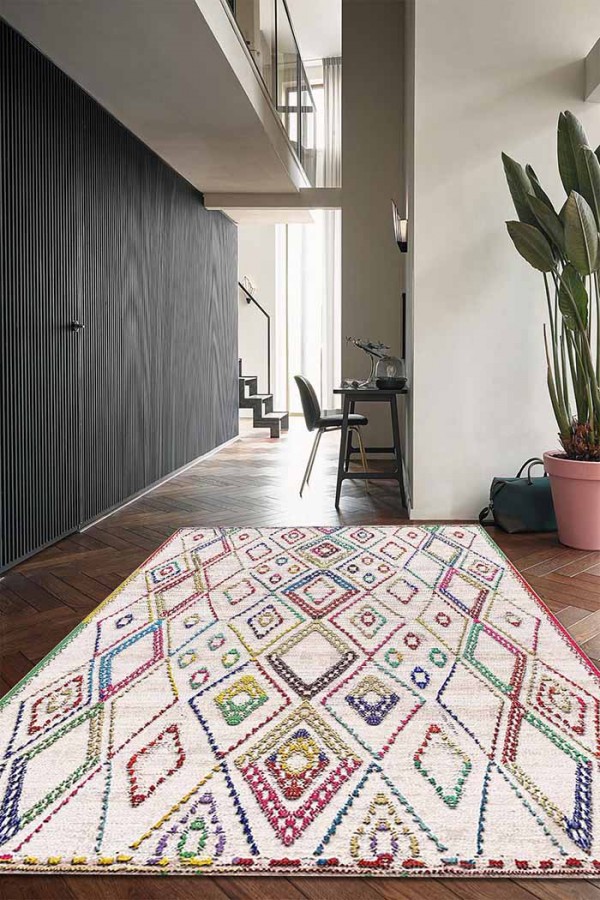 Tangiri Morocco Desenli Pamuk Tabanlı Yıkanabilen Kaydırmaz Antibakteriyel Şönil Salon Halısı