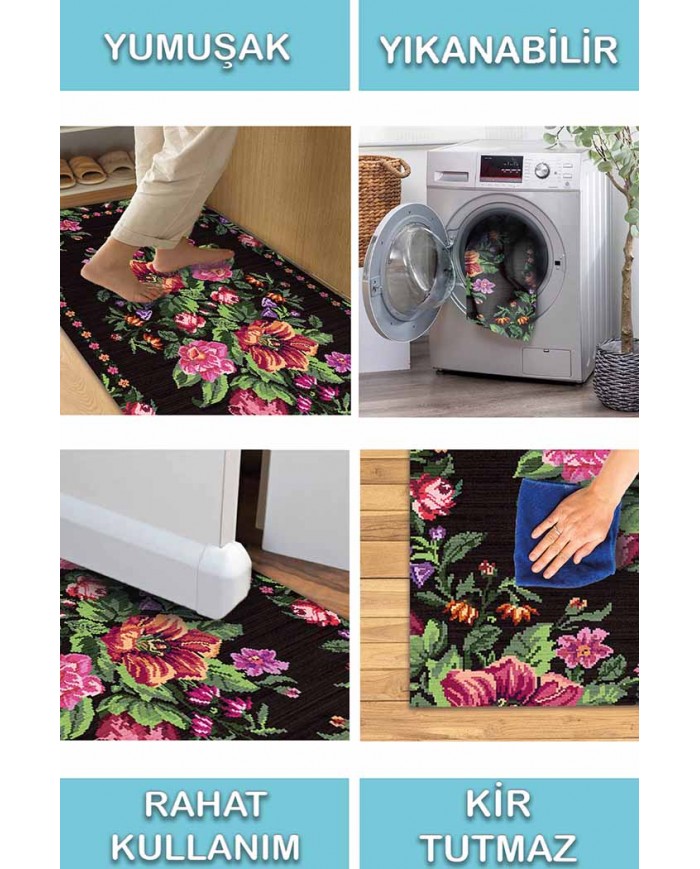 Talmaz Karabağ Desenli Pamuk Tabanlı Yıkanabilen Kaydırmaz Antibakteriyel Şönil Salon Halısı