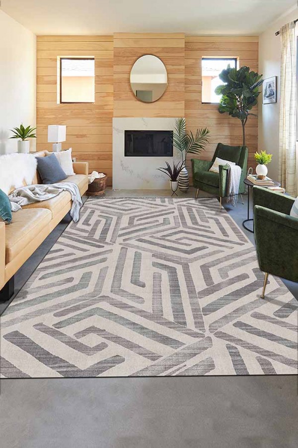 Tampere Geometrik Desenli Pamuk Tabanlı Yıkanabilen Kaydırmaz Antibakteriyel Şönil Salon Halısı