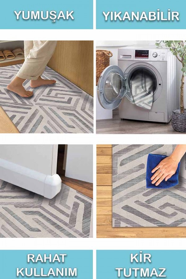 Tampere Geometrik Desenli Pamuk Tabanlı Yıkanabilen Kaydırmaz Antibakteriyel Şönil Salon Halısı