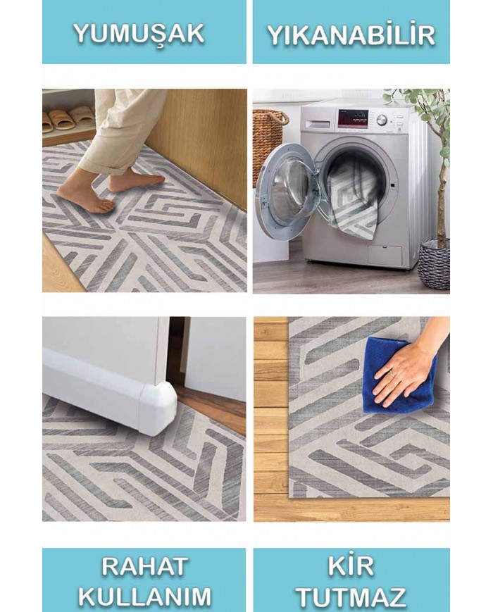 Tampere Geometrik Desenli Pamuk Tabanlı Yıkanabilen Kaydırmaz Antibakteriyel Şönil Salon Halısı