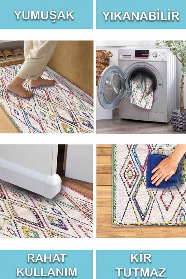 Tangiri Morocco Desenli Pamuk Tabanlı Yıkanabilen Kaydırmaz Antibakteriyel Şönil Salon Halısı