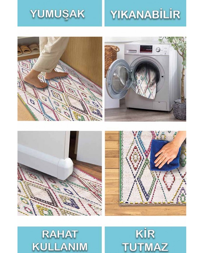 Tangiri Morocco Desenli Pamuk Tabanlı Yıkanabilen Kaydırmaz Antibakteriyel Şönil Salon Halısı