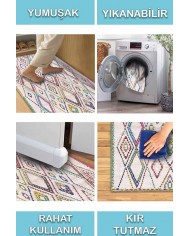 Tangiri Morocco Desenli Pamuk Tabanlı Yıkanabilen Kaydırmaz Antibakteriyel Şönil Salon Halısı