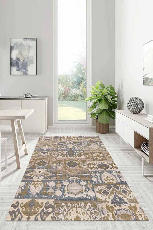 Thorn Patchwork Desenli Pamuk Tabanlı Yıkanabilen Kaydırmaz Antibakteriyel Şönil Salon Halısı