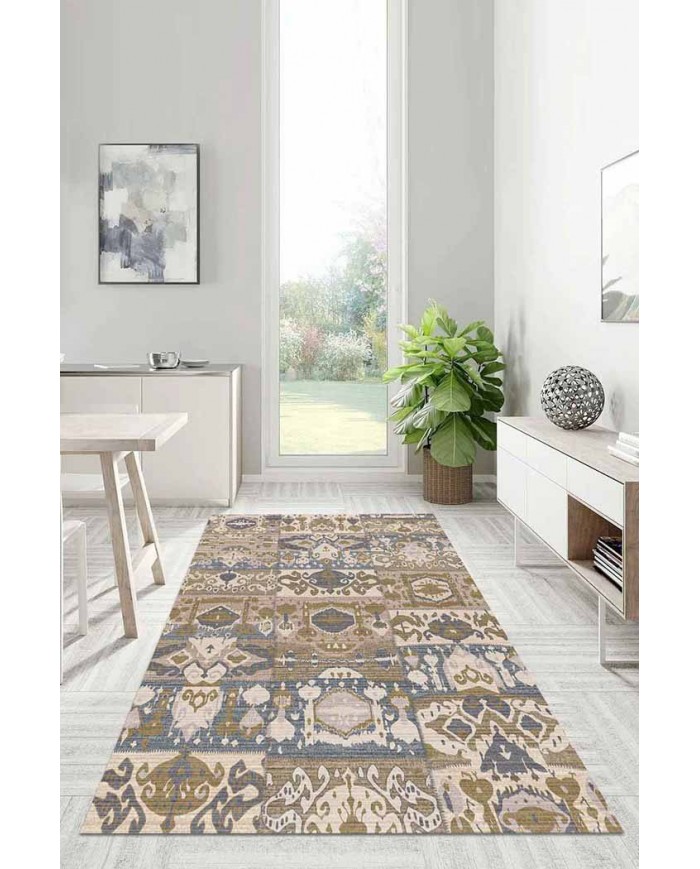 Thorn Patchwork Desenli Pamuk Tabanlı Yıkanabilen Kaydırmaz Antibakteriyel Şönil Salon Halısı