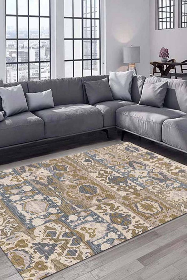 Thorn Patchwork Desenli Pamuk Tabanlı Yıkanabilen Kaydırmaz Antibakteriyel Şönil Salon Halısı