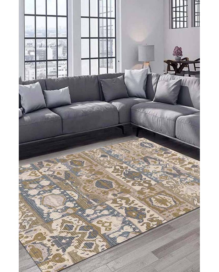 Thorn Patchwork Desenli Pamuk Tabanlı Yıkanabilen Kaydırmaz Antibakteriyel Şönil Salon Halısı