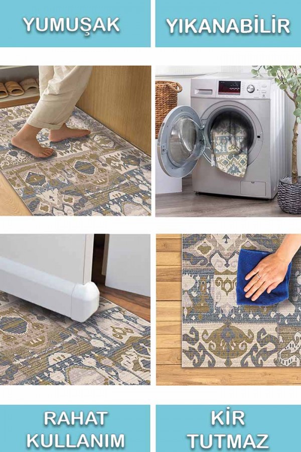 Thorn Patchwork Desenli Pamuk Tabanlı Yıkanabilen Kaydırmaz Antibakteriyel Şönil Salon Halısı